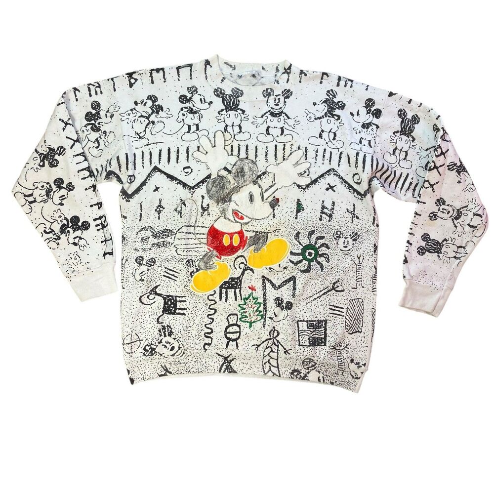 Disney Sweatshirt Mens‎ L Mickey Mouse Vintage White Allover Novelty Abstract